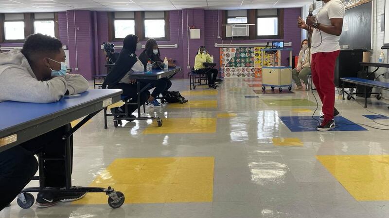 Kamau Stanford, chief operating officer for the Philadelphia Black Doctors COVID-19 Consortium, spoke to students at Mastery Charter School’s Shoemaker campus Friday.