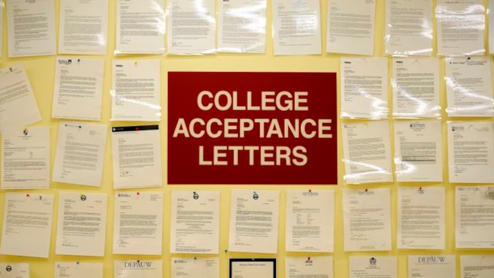 College acceptance letters in the main entrance at Tindley Accelerated School.