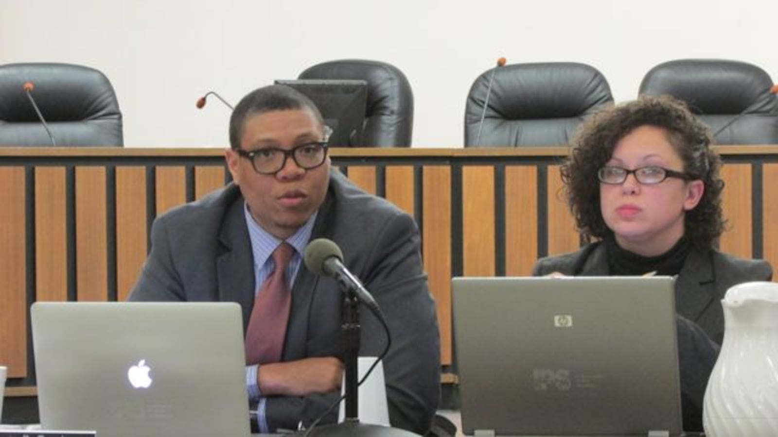 IPS Superintendent Lewis Ferebee and board member Gayle Cosby at Tuesday's meeting. (Scott Elliott)