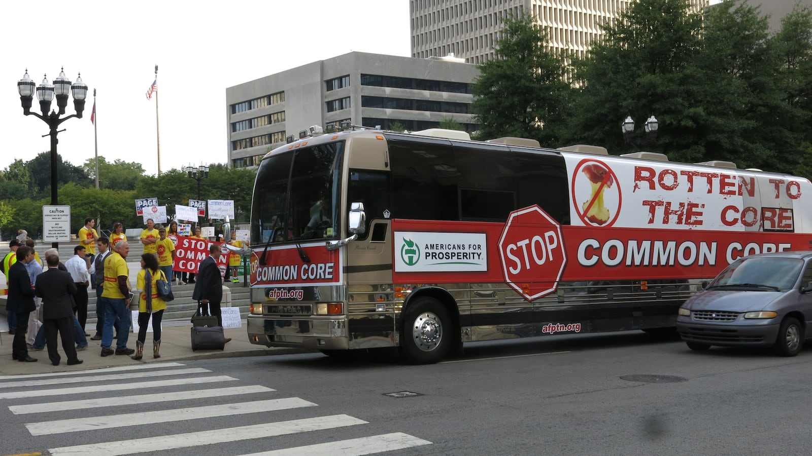 A bus sponsored by Koch-funded Americans for Prosperity was parked in front of an education summit in downtown Nashville in September.