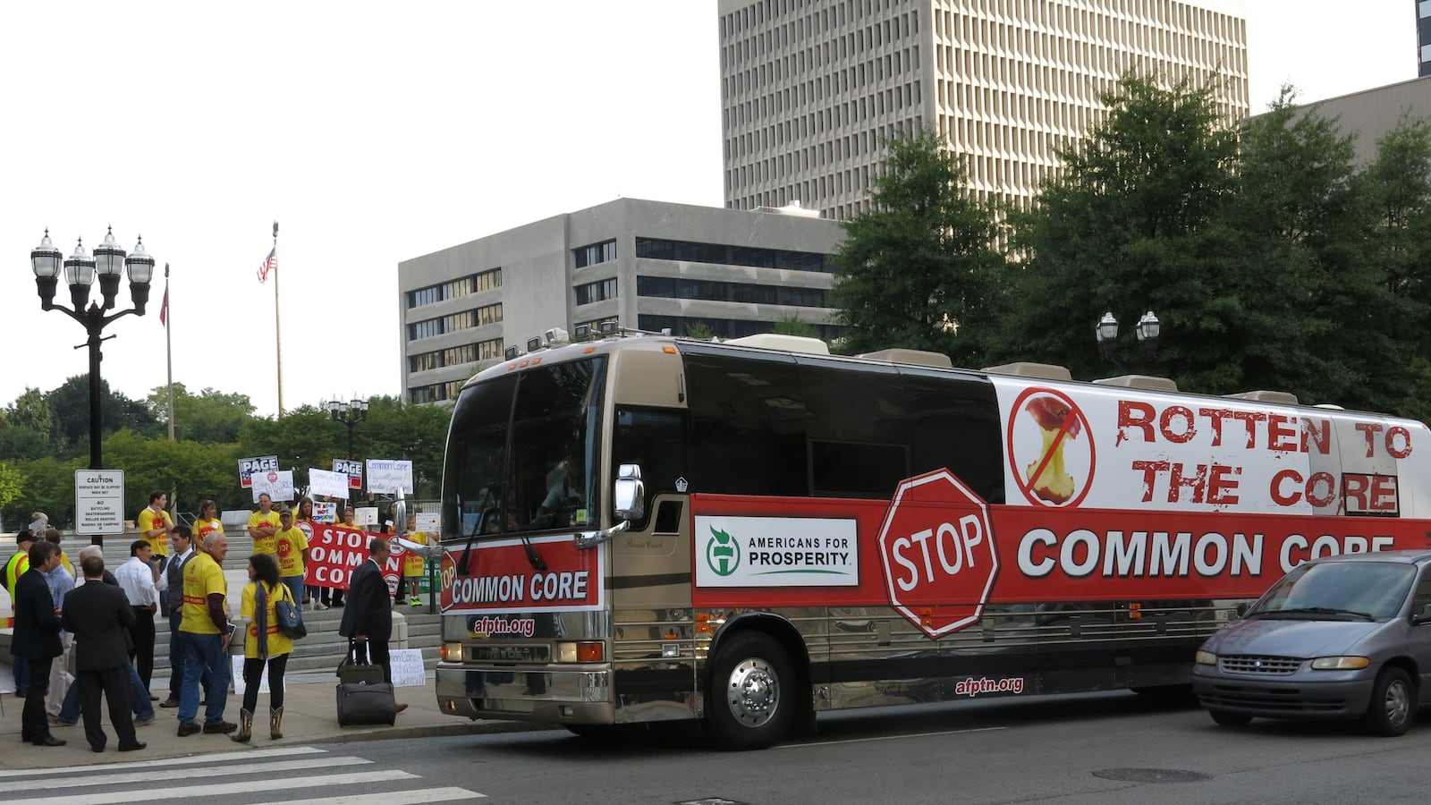 A bus sponsored by Koch-funded Americans for Prosperity was parked in front of an education summit in downtown Nashville in September.