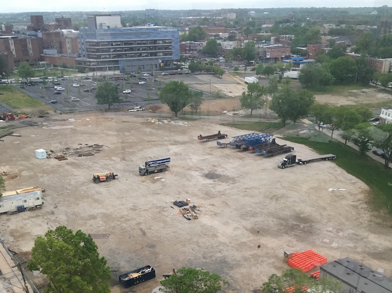 An aerial photograph view of a demolished school building.