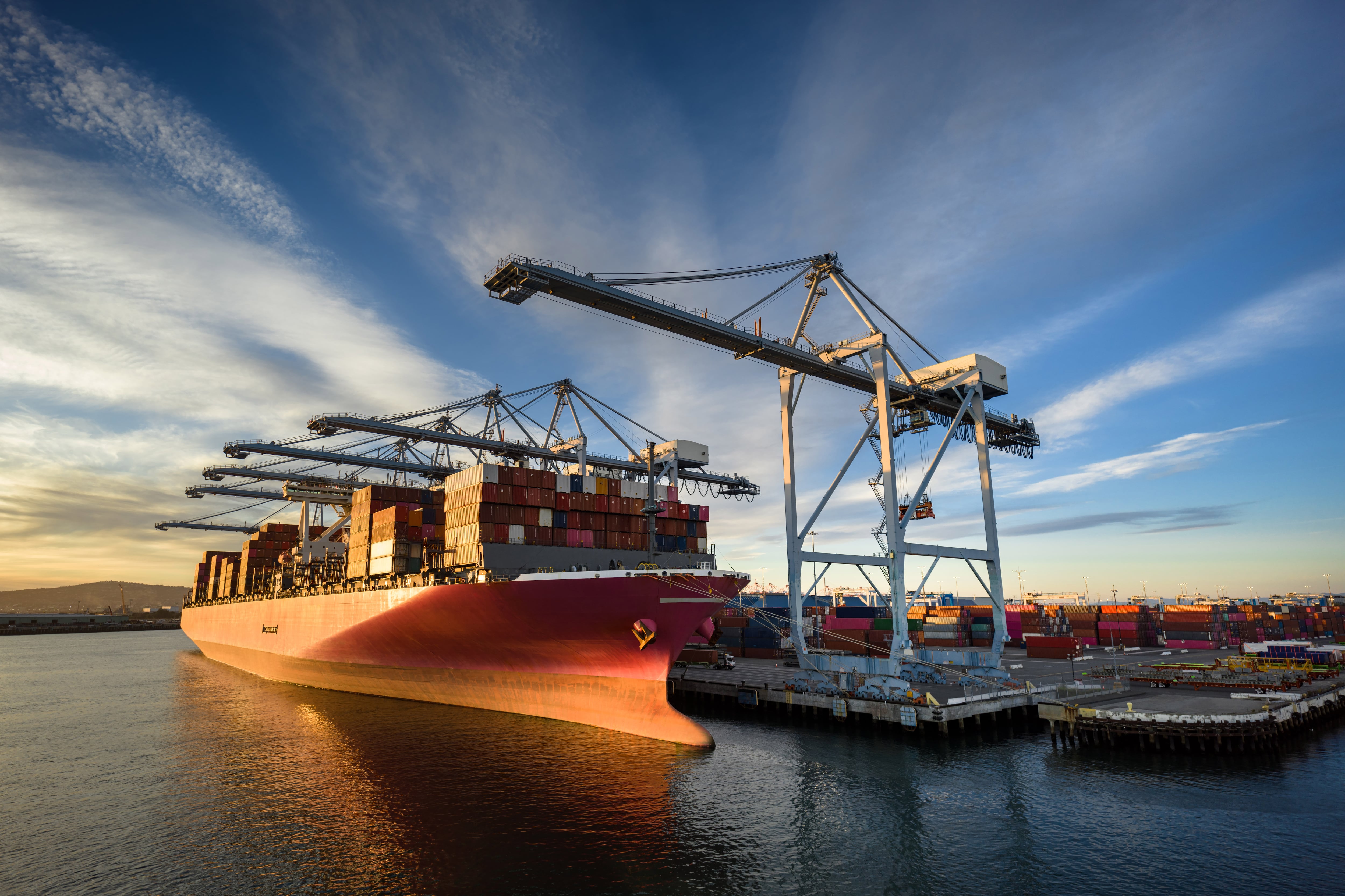 A crane looms over a giant container ship.