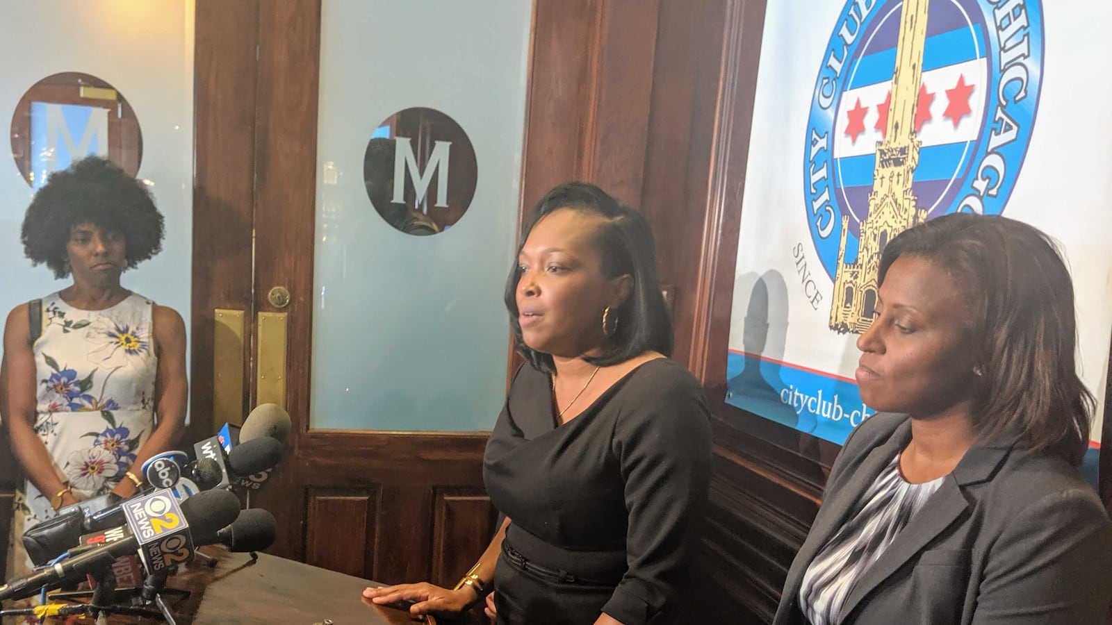 Schools CEO Janice Jackson speaks after a City Club of Chicago event Thursday. Deputy Mayor for Education and Human Services Sybil Madison is to her left, and the district's Chief Academic Officer LaTanya McDade stands to her right.