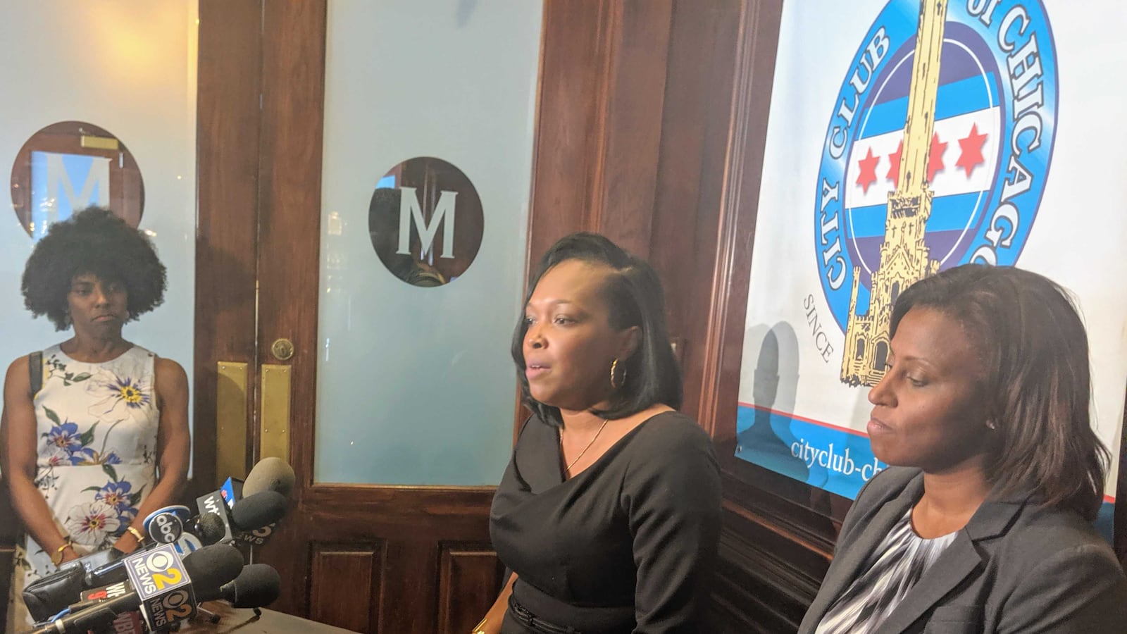 Schools CEO Janice Jackson speaks after a City Club of Chicago event Thursday. Deputy Mayor for Education and Human Services Sybil Madison is to her left, and the district's Chief Academic Officer LaTanya McDade stands to her right.
