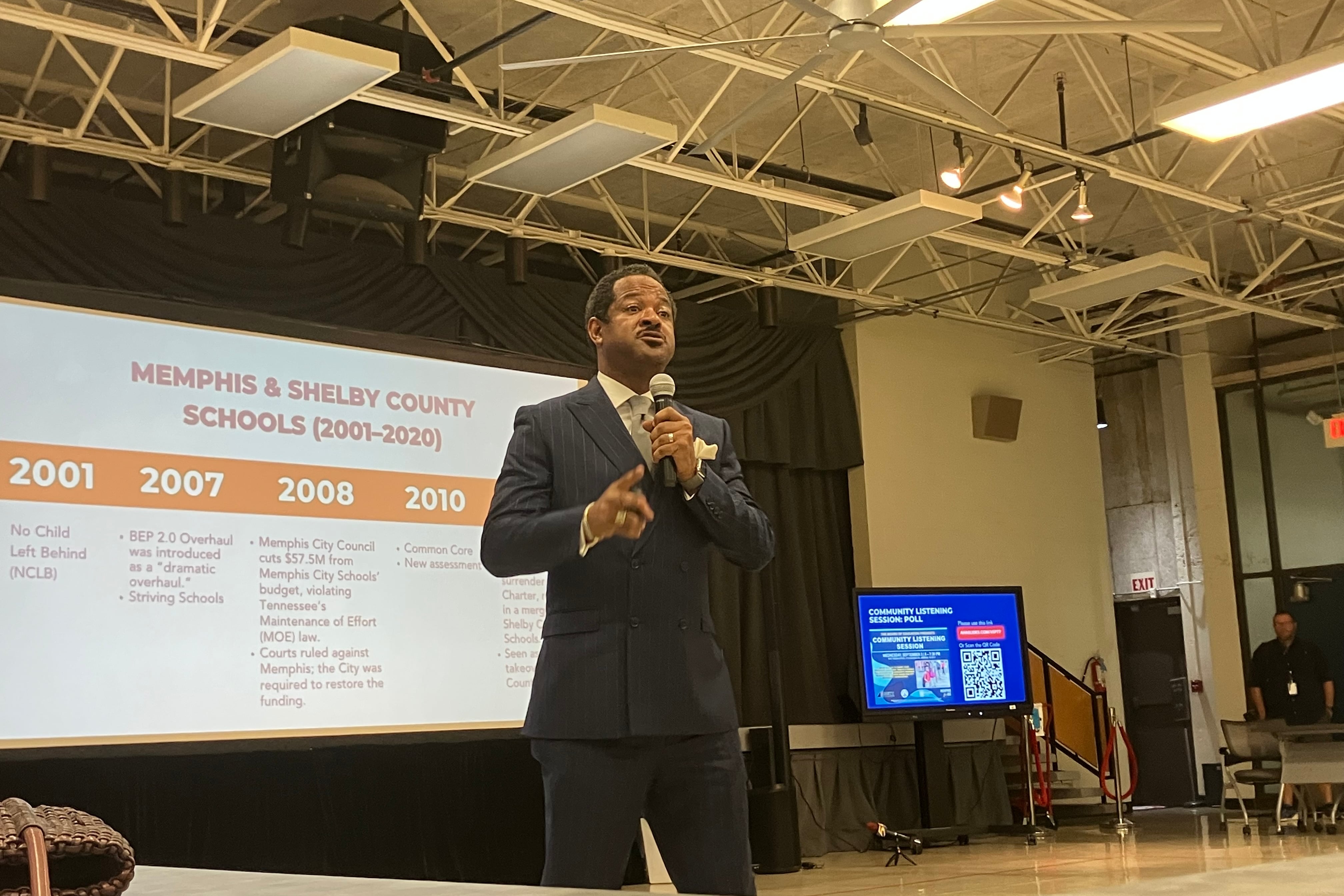 Superintendent Richmond, dressed in a blue suit, holds the microphone in the forefront of the photo. In the background on a projected screen, is a timeline titled Memphis & Shelby County Schools (2001-2020).
