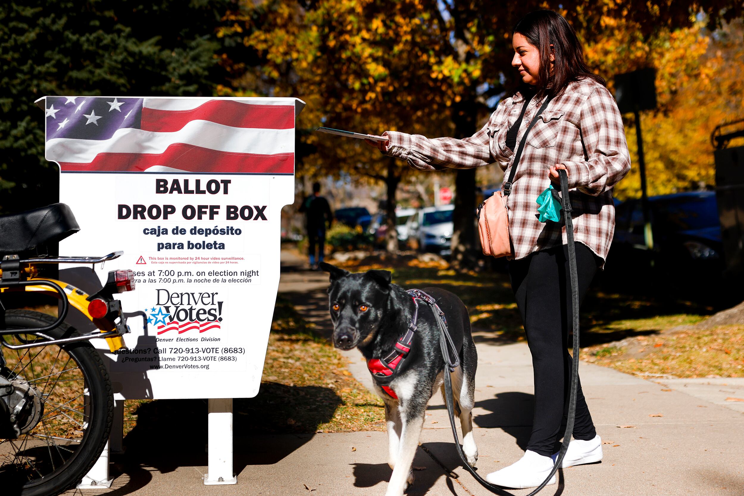A woman wearing a plaid shirt holds a leash in her left hand with her dog and drops off a ballot into a ballot drop off box with her right hand. There are trees in the background.