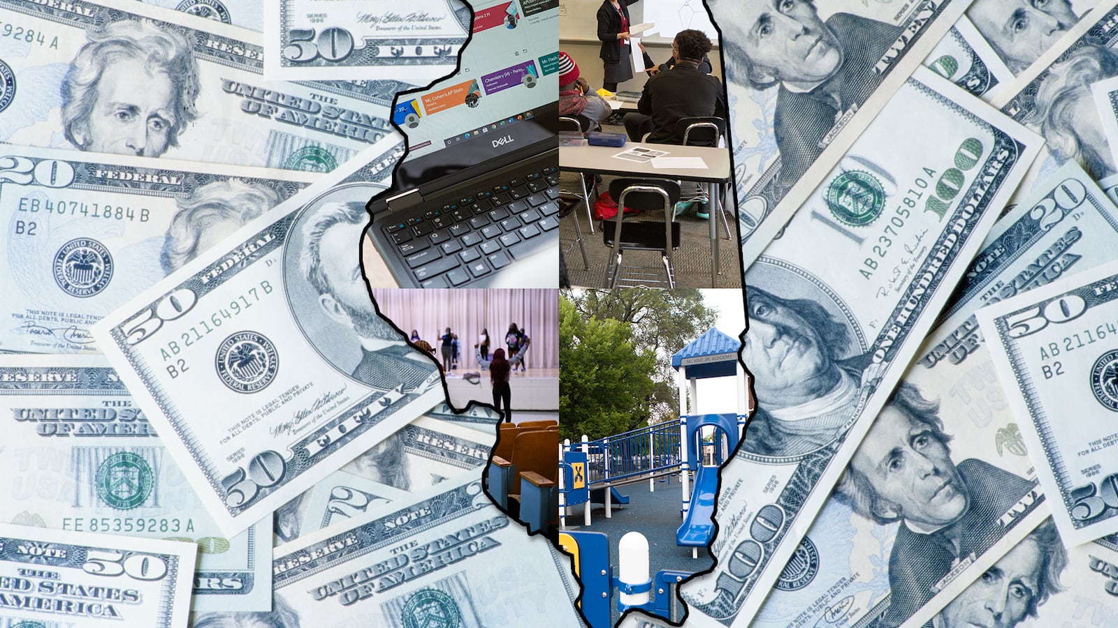 Photo collage. A computer, a teacher, an auditorium, and a playground collaged together to form the shape of the state of Illinois. In the background is a photo of money laid flat in a large pile.