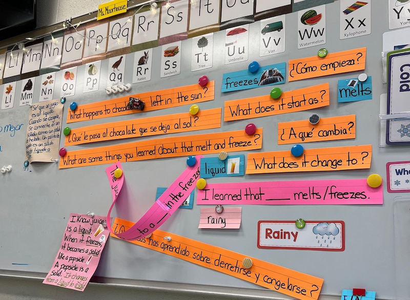 A bulletin board with Spanish and English posted on it.