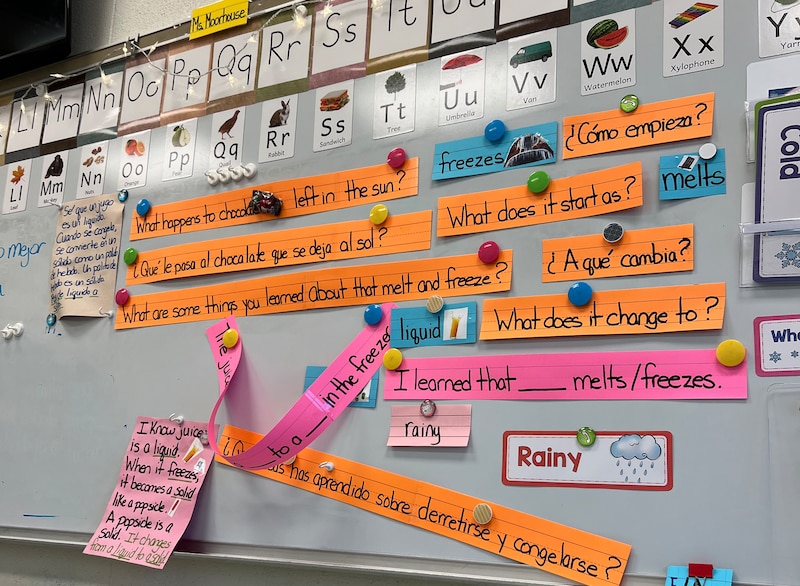 A white board in a classroom with Spanish and English posted on it.