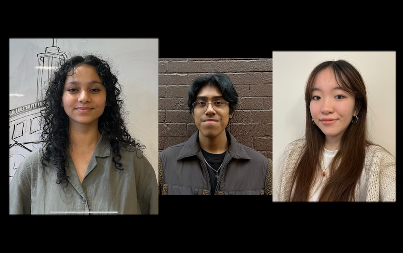 Three portraits of three individuals on a black background.