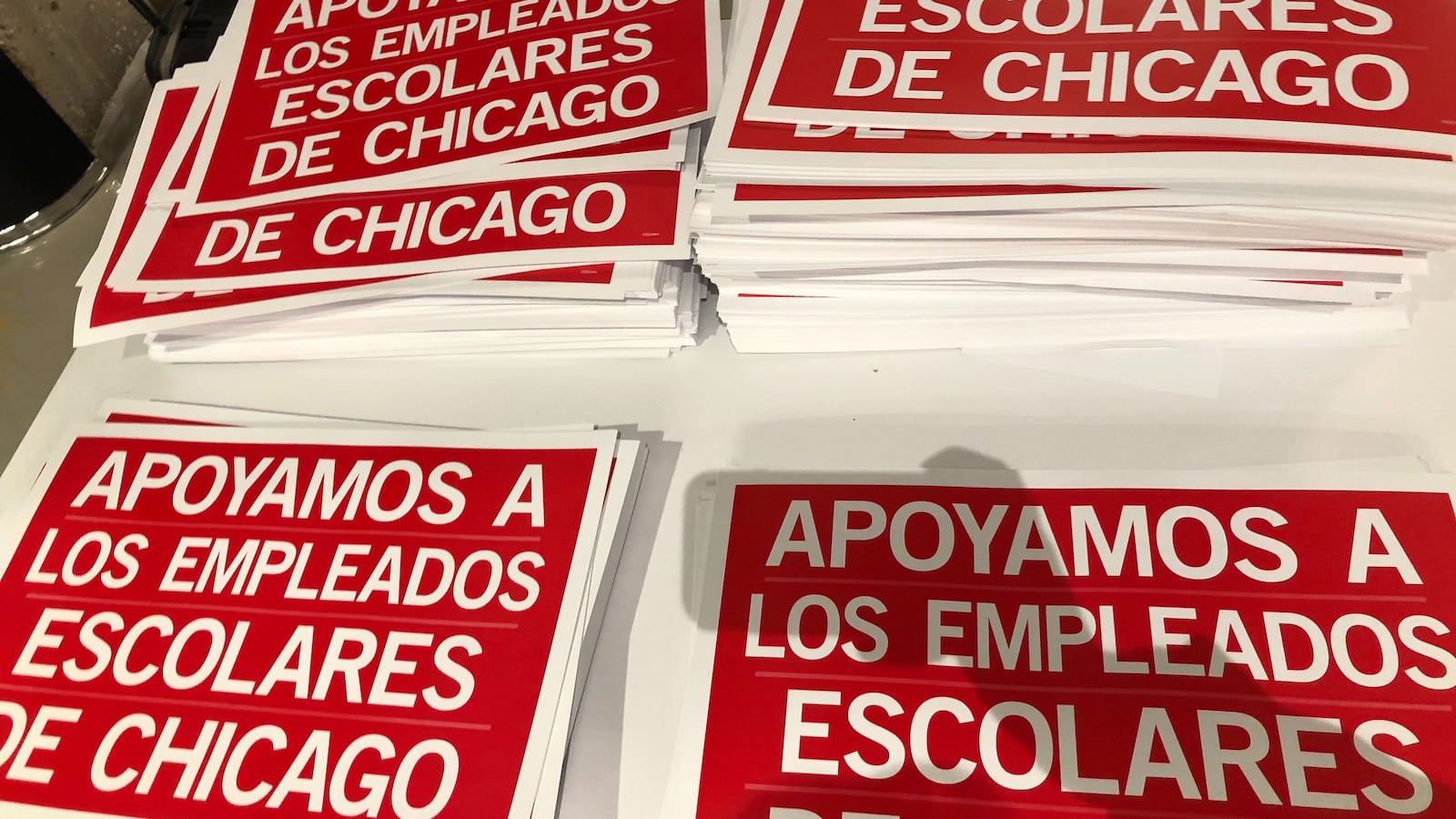 After formalizing a strike vote Oct. 16, 2019, the Chicago Teachers Union distributed picket signs in English and Spanish for members to use during their strike.