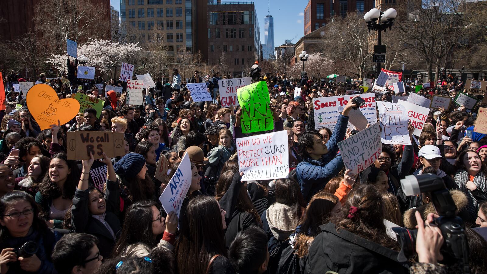 NEW YORK, NY - APRIL 20: Student activists rally against gun violence at Washington Square Park, near the campus of New York University, April 20, 2018 in New York City. On the anniversary of the 1999 Columbine High School mass shooting, student activists across the country are participating in school walkouts to demand action on gun reform. (Photo by Drew Angerer/Getty Images)