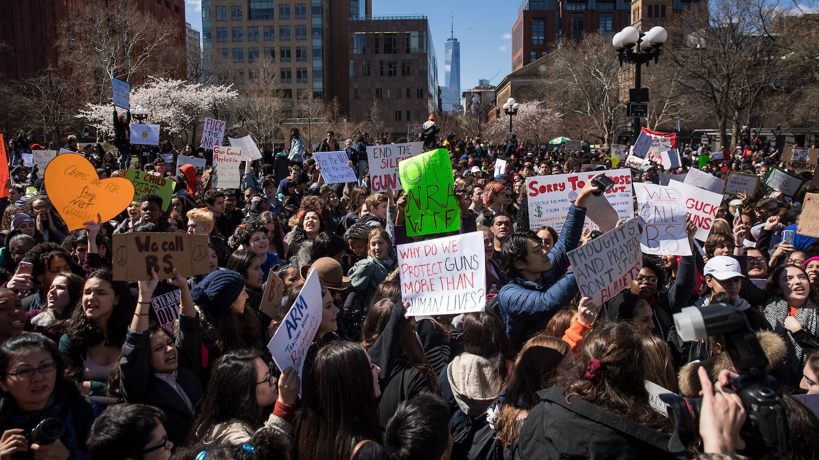 NEW YORK, NY - APRIL 20: Student activists rally against gun violence at Washington Square Park, near the campus of New York University, April 20, 2018 in New York City. On the anniversary of the 1999 Columbine High School mass shooting, student activists across the country are participating in school walkouts to demand action on gun reform. (Photo by Drew Angerer/Getty Images)