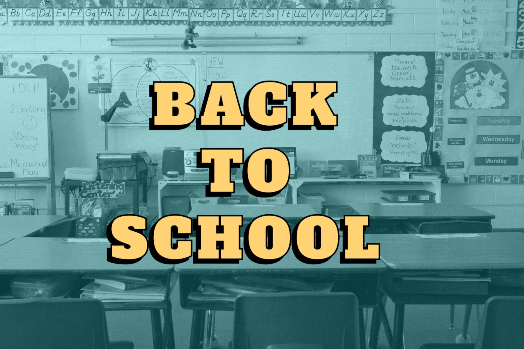A kindergarten classroom with text overlaid on top of the image reading: Back to School.