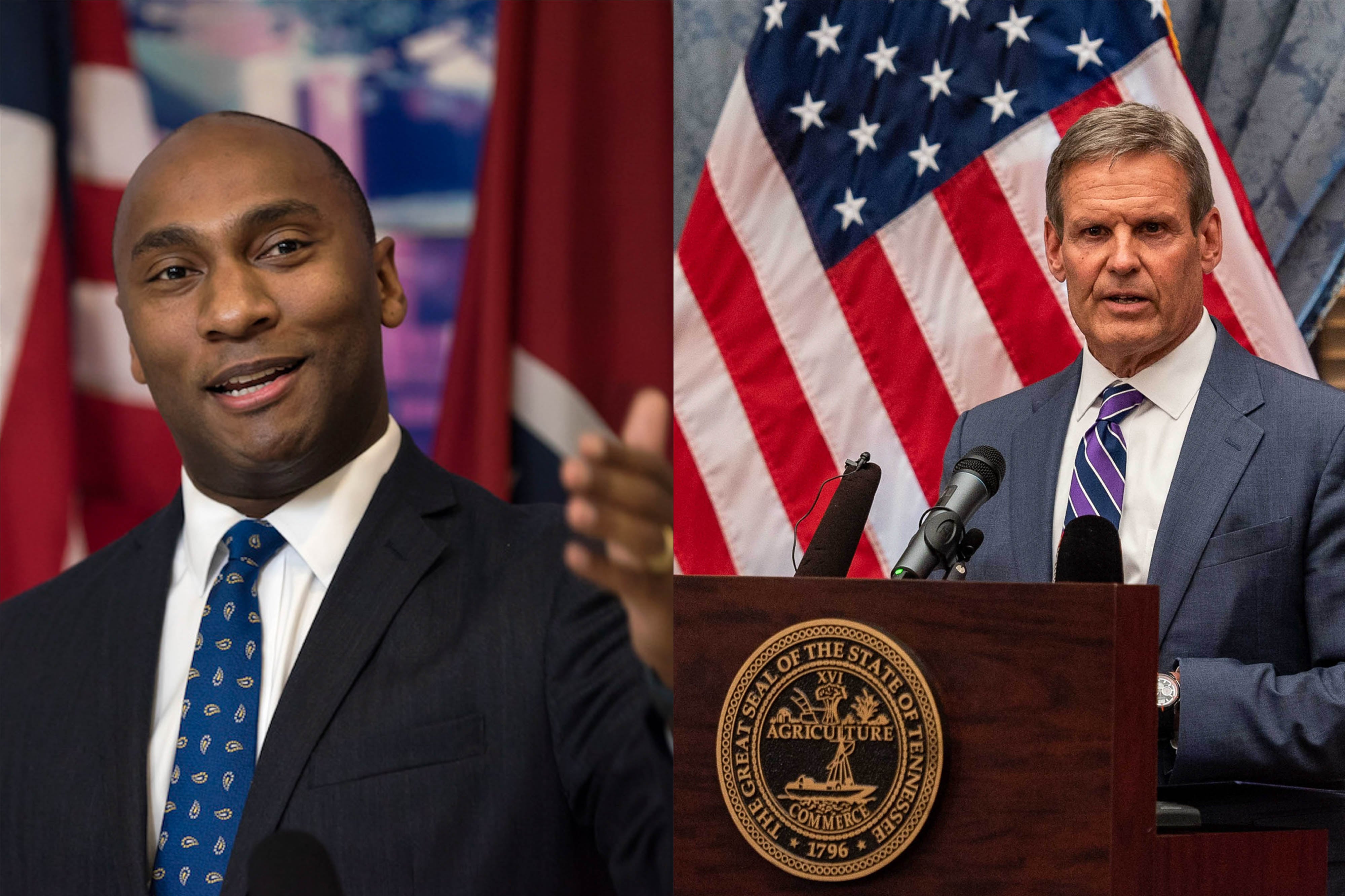(Left to right) Shelby County Mayor Lee Harris and Tennessee Governor Bill Lee make speeches in two separate photographs.