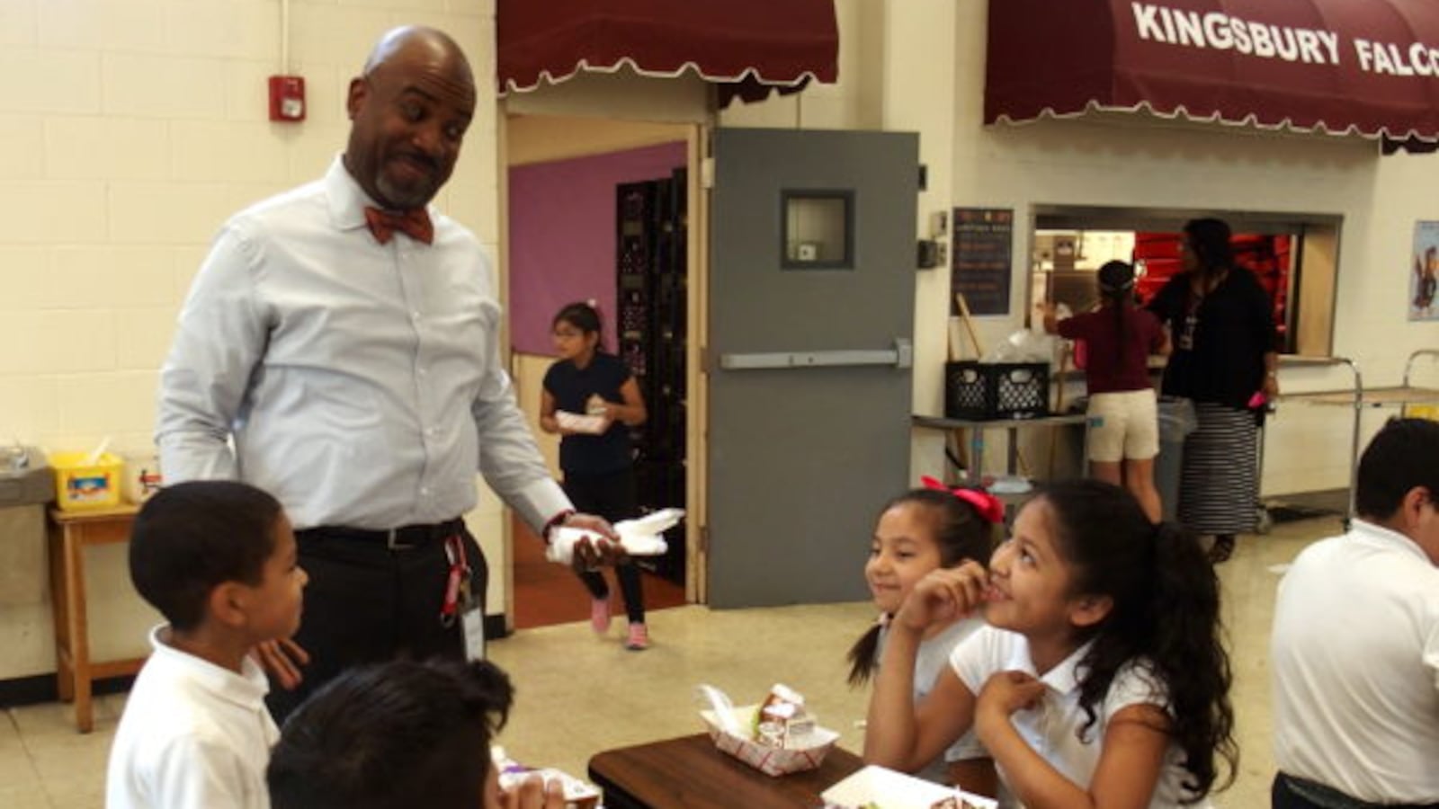 Principal Wynn Earle greets students at Kingsbury Elementary School during lunch most days.