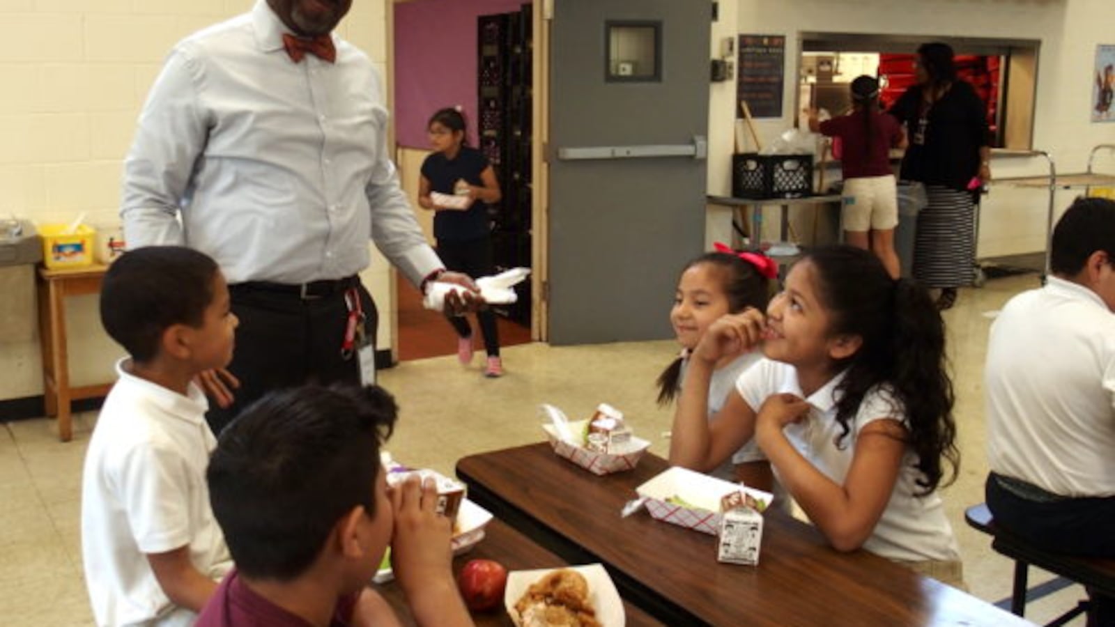 Principal Wynn Earle greets students at Kingsbury Elementary School during lunch most days.