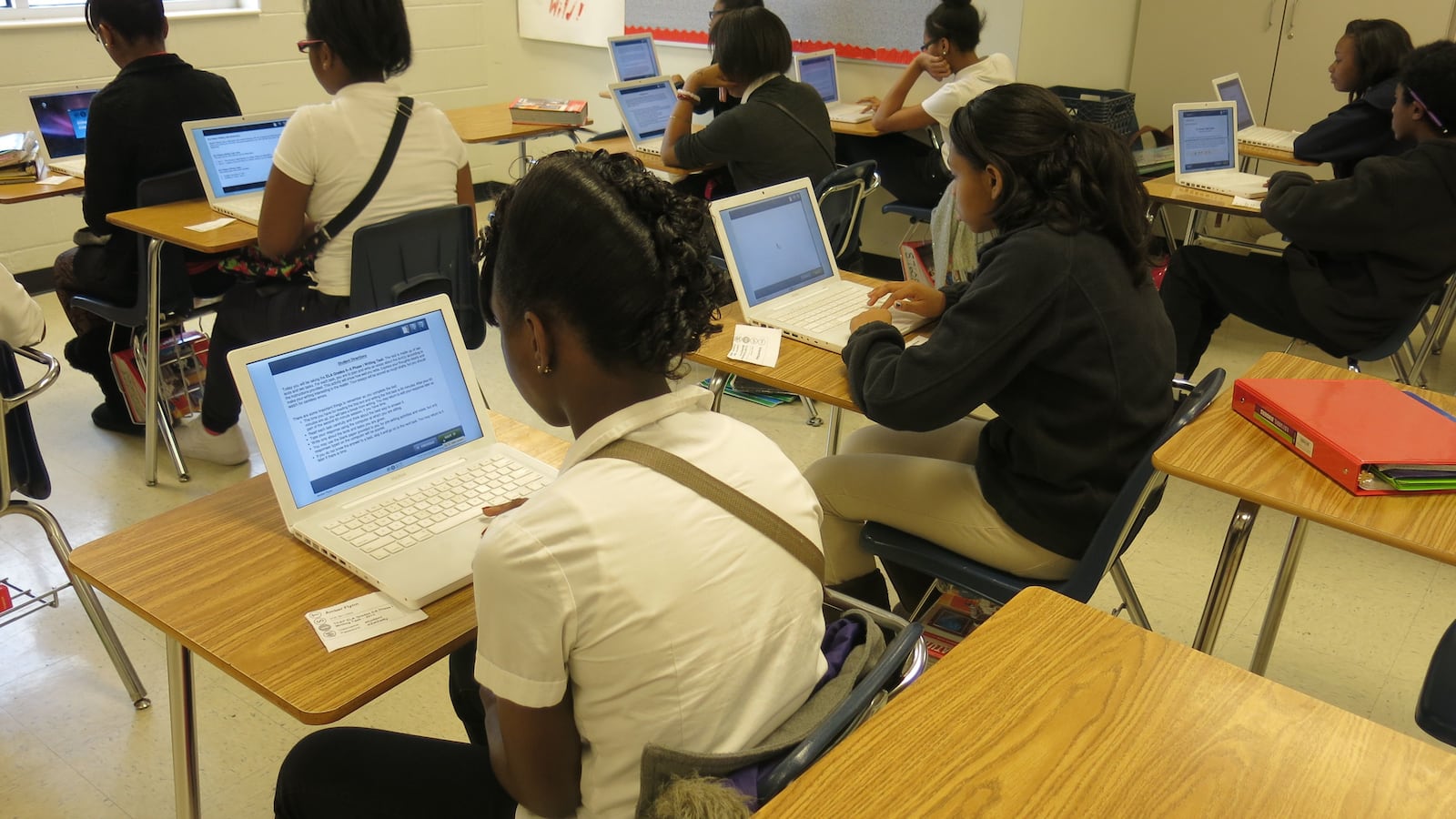 Colonial Middle students practiced an online writing assessment last year which is more Common Core-aligned.