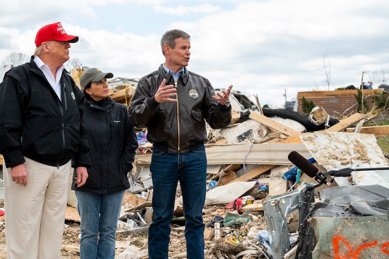 Gov. Bill Lee and his wife, Maria, join President Donald Trump on a March 6 tour of damage caused when tornadoes thrashed parts of Middle Tennessee on March 4.