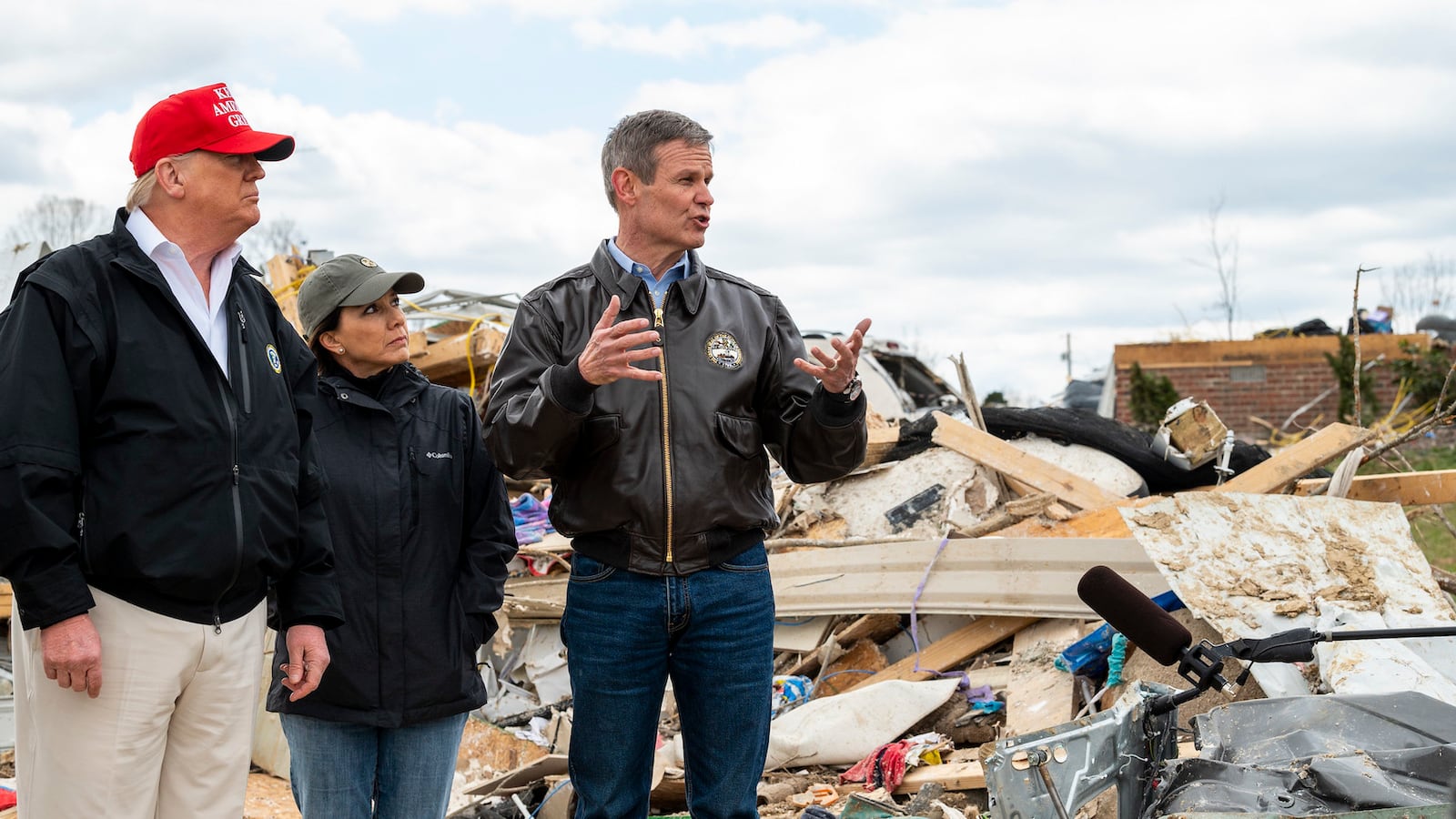 Gov. Bill Lee and his wife, Maria, join President Donald Trump on a March 6 tour of damage caused when tornadoes thrashed parts of Middle Tennessee on March 4.