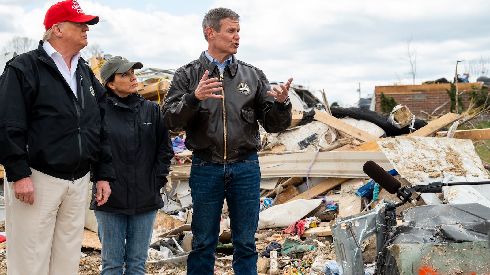 Gov. Bill Lee and his wife, Maria, join President Donald Trump on a March 6 tour of damage caused when tornadoes thrashed parts of Middle Tennessee on March 4.