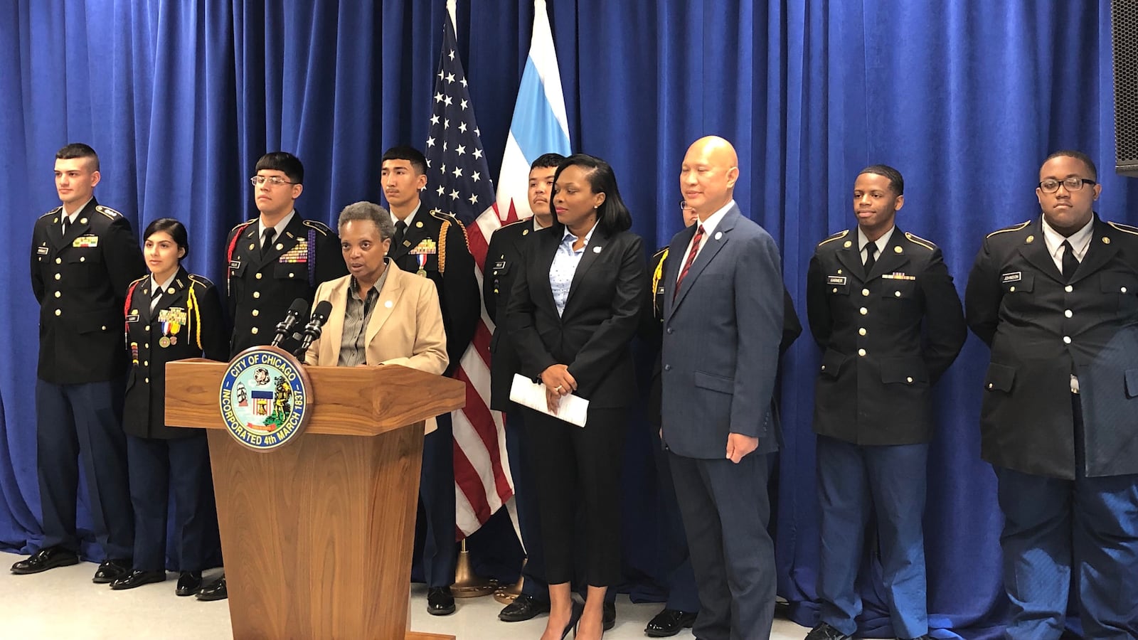 Chicago Mayor Lori Lightfoot speaks Sept. 5, 2019, during a press conference with Phoenix Military Academy Principal Ferdinand Wipachit and students.