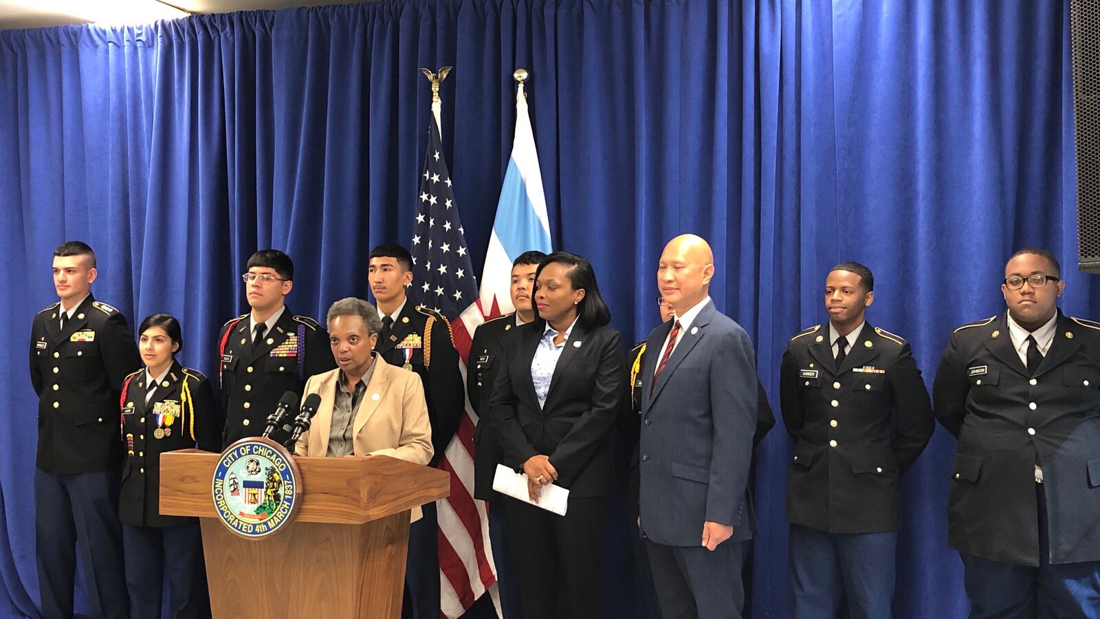 Chicago Mayor Lori Lightfoot speaks Sept. 5, 2019, during a press conference with Phoenix Military Academy Principal Ferdinand Wipachit and students.
