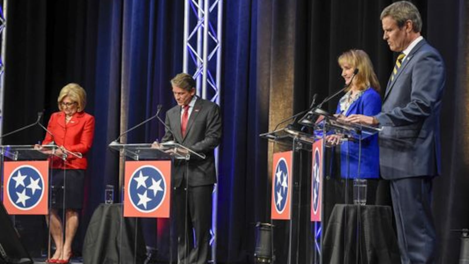 From left: Tennessee Republican gubernatorial candidates Diane Black, Randy Boyd, Beth Harwell, and Bill Lee debate one another on June 20, 2018, at Pope John Paul II High School in Hendersonville.