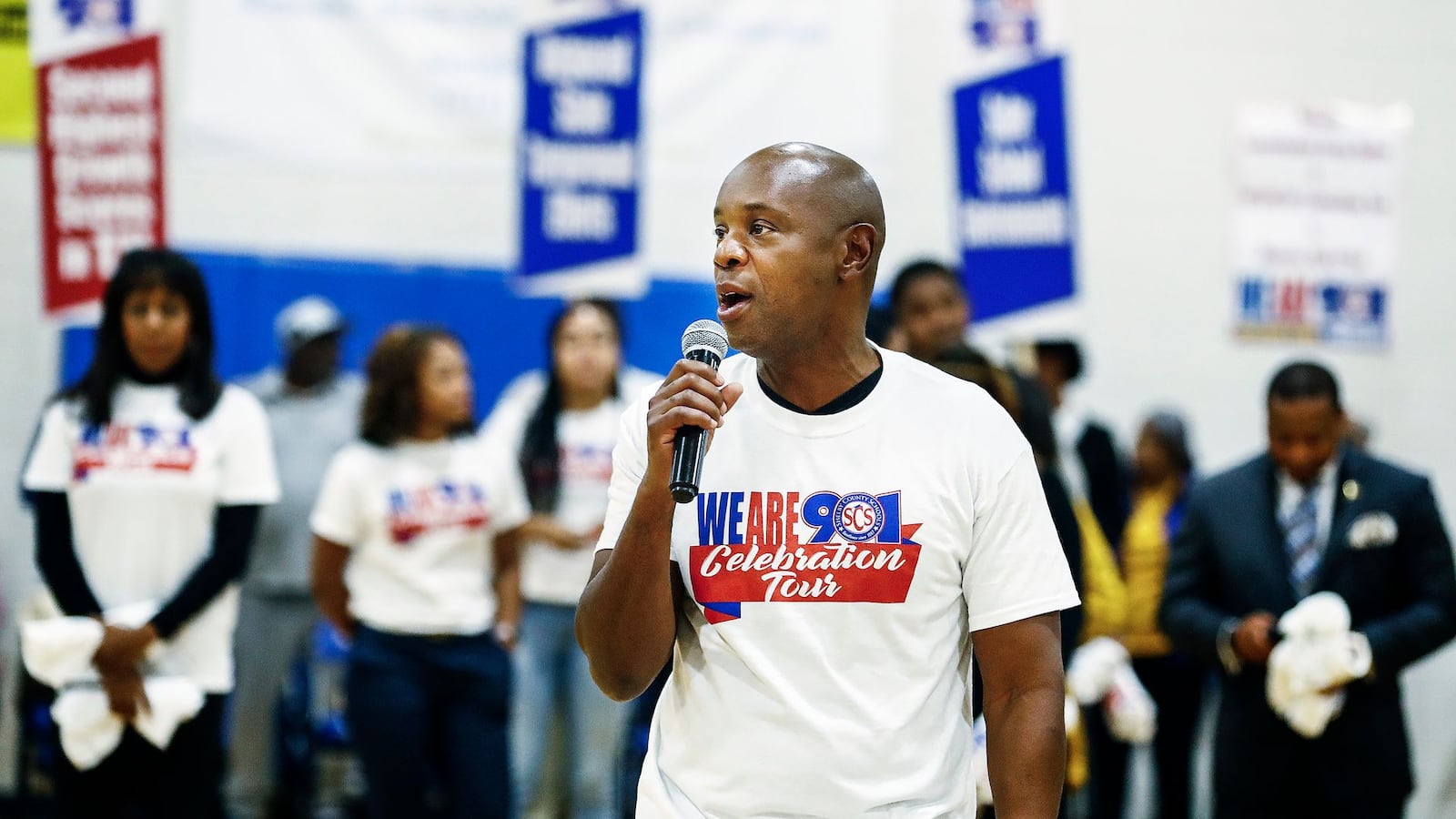 Shelby County Schools Superintendent Dorsey Hopson talks to Manassas High School students during the We Are 901 Celebration Tour.