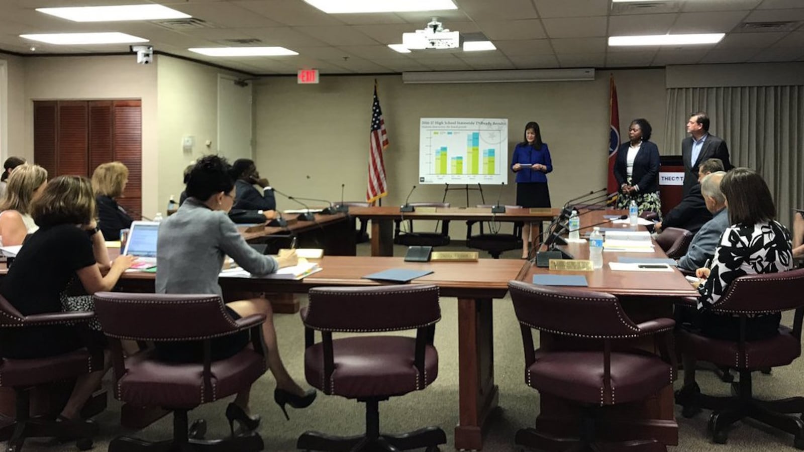 Members of the Tennessee State Board of Education listen to a July presentation about TNReady scores by Education Commissioner Candice McQueen.