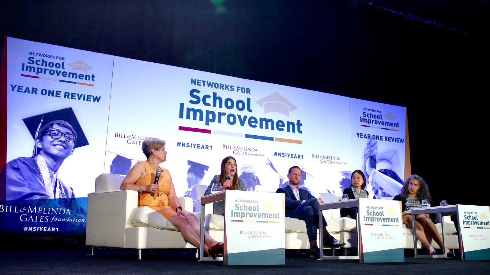 Katie Sutter of the KIPP Foundation speaks during a panel on student outcomes at the Gates Foundation's Networks for School Improvement seminar in College Park, Maryland.