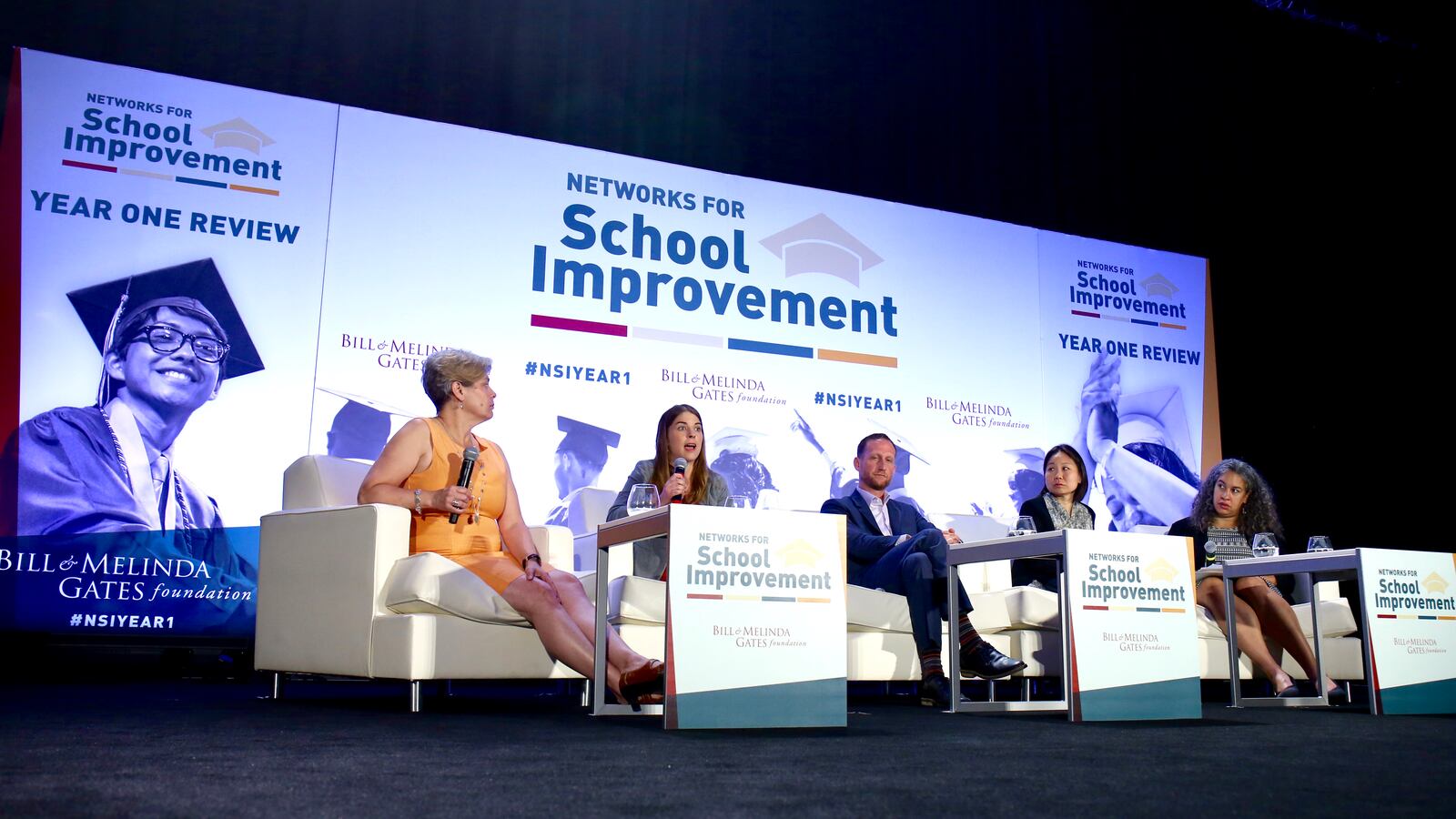 Katie Sutter of the KIPP Foundation speaks during a panel on student outcomes at the Gates Foundation's Networks for School Improvement seminar in College Park, Maryland.