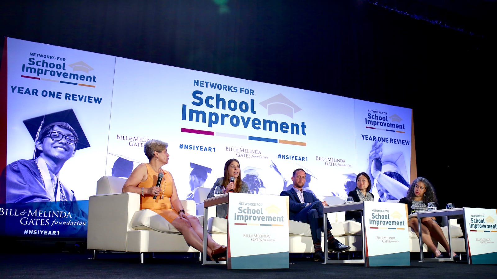 Katie Sutter of the KIPP Foundation speaks during a panel on student outcomes at the Gates Foundation's Networks for School Improvement seminar in College Park, Maryland.