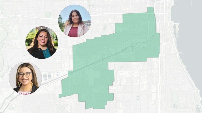 Three circular portraits on a white, green and grey map.