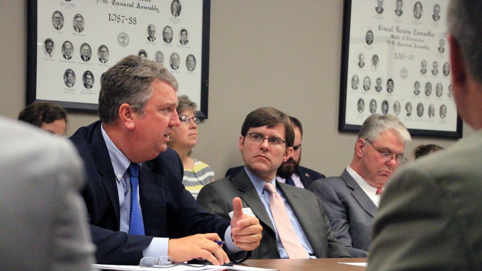 From left: Bartlett schools director David Stephens and Lakeland schools director Ted Horrell update state legislators on July 16 about the status of their new districts.