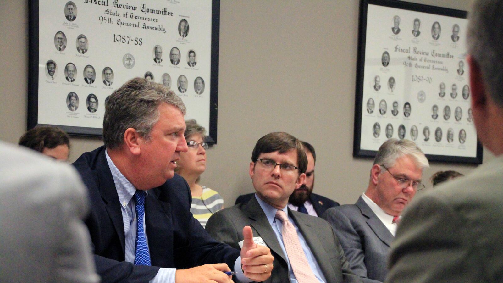 From left: Bartlett schools director David Stephens and Lakeland schools director Ted Horrell update state legislators on July 16 about the status of their new districts.