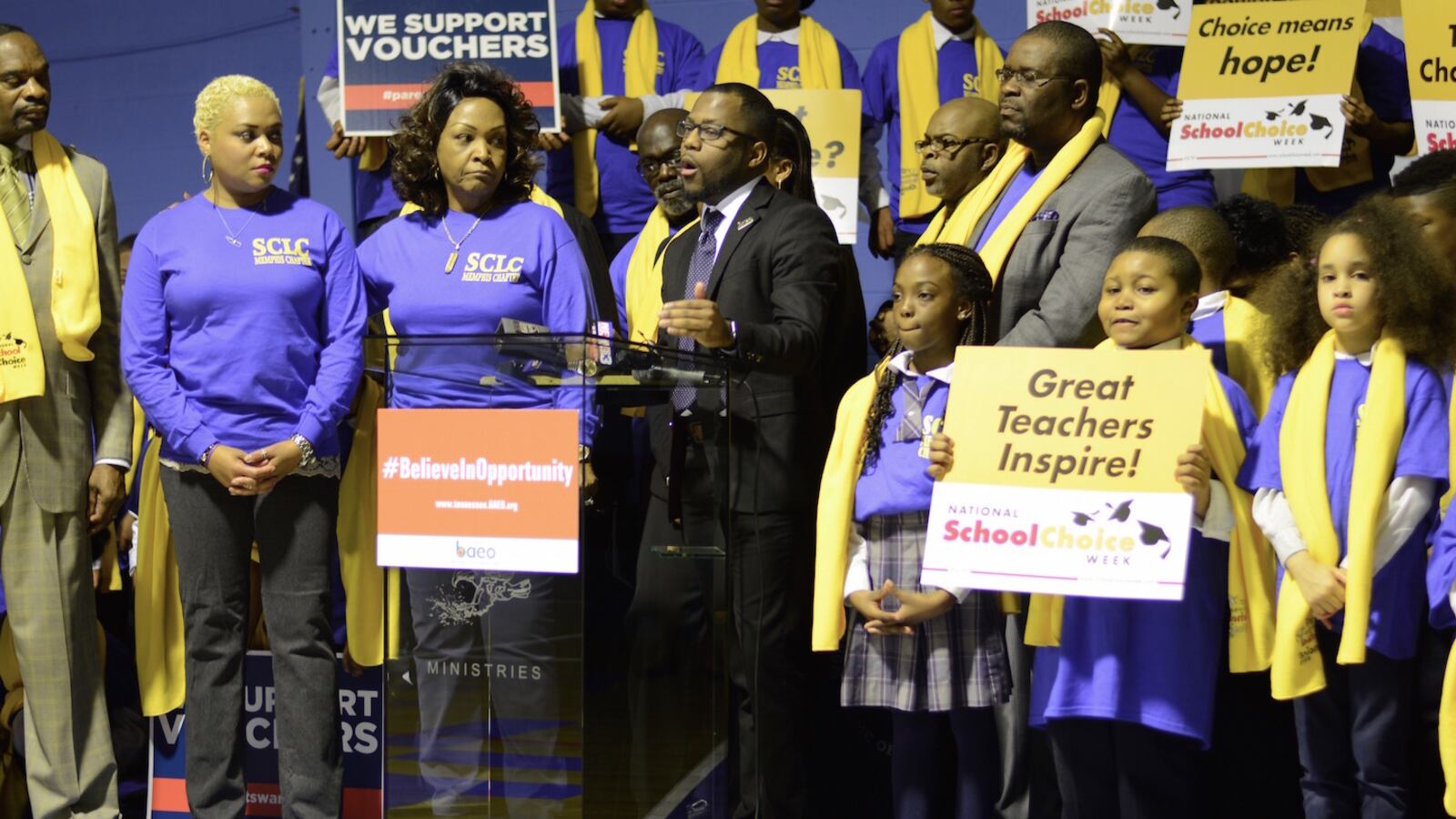Mendell Grinter speaks at a 2016 school choice rally in Memphis organized by the local chapter of the Black Alliance for Educational Options, now called the Campaign for School Equity.