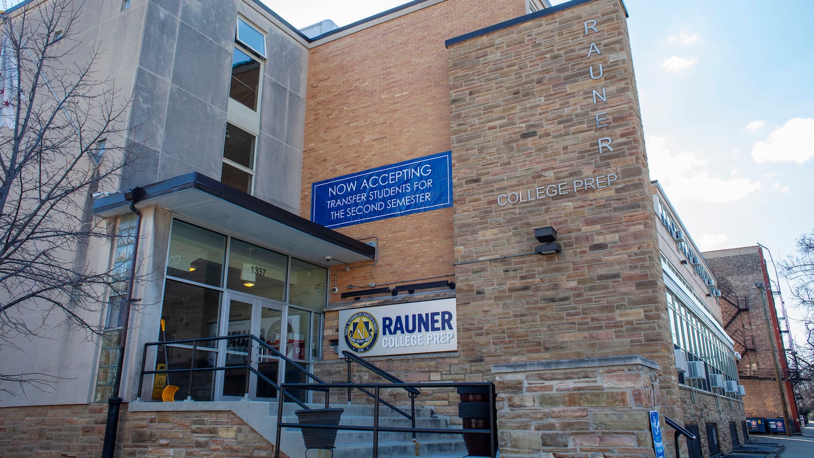 Exterior view of Noble Rauner College Prep in Chicago. Rauner College Prep is a public four-year charter high school located in the West Town neighborhood in Chicago. It is a part of the Noble Network of Charter Schools. Rauner College Prep is named in honor of Diana and Bruce Rauner. Photo by Stacey Rupolo/Chalkbeat; taken March, 2019