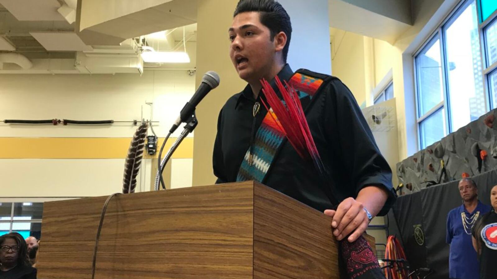 Student Antonio Garcia speaks in favor of the American Indian Academy of Denver at a school board meeting in May 2018.
