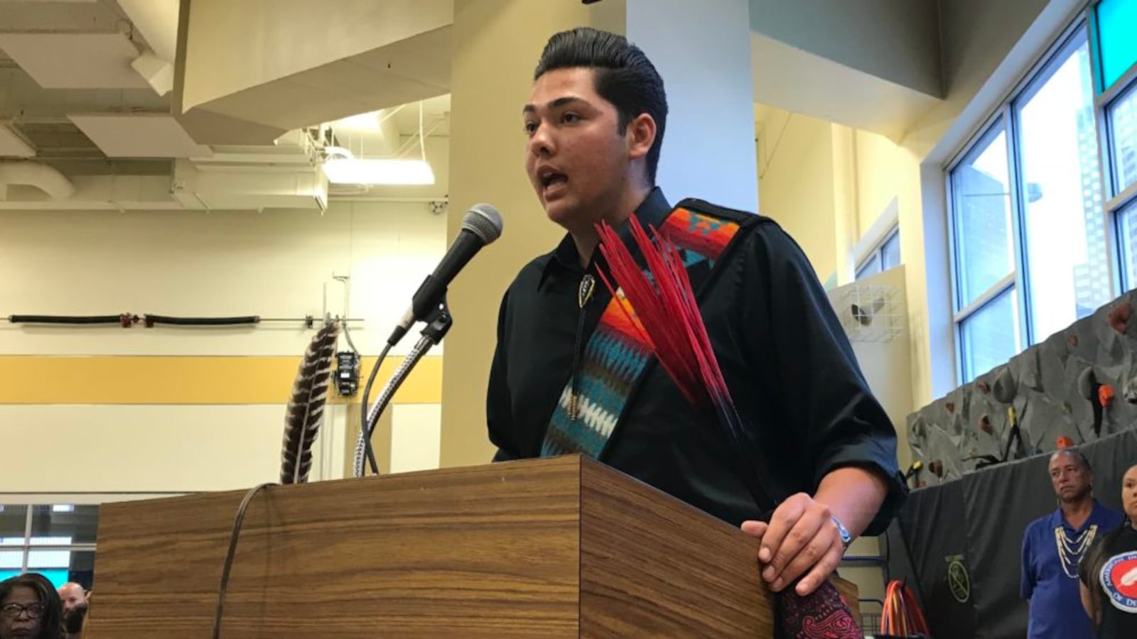 Student Antonio Garcia speaks in favor of the American Indian Academy of Denver at a school board meeting in May 2018.