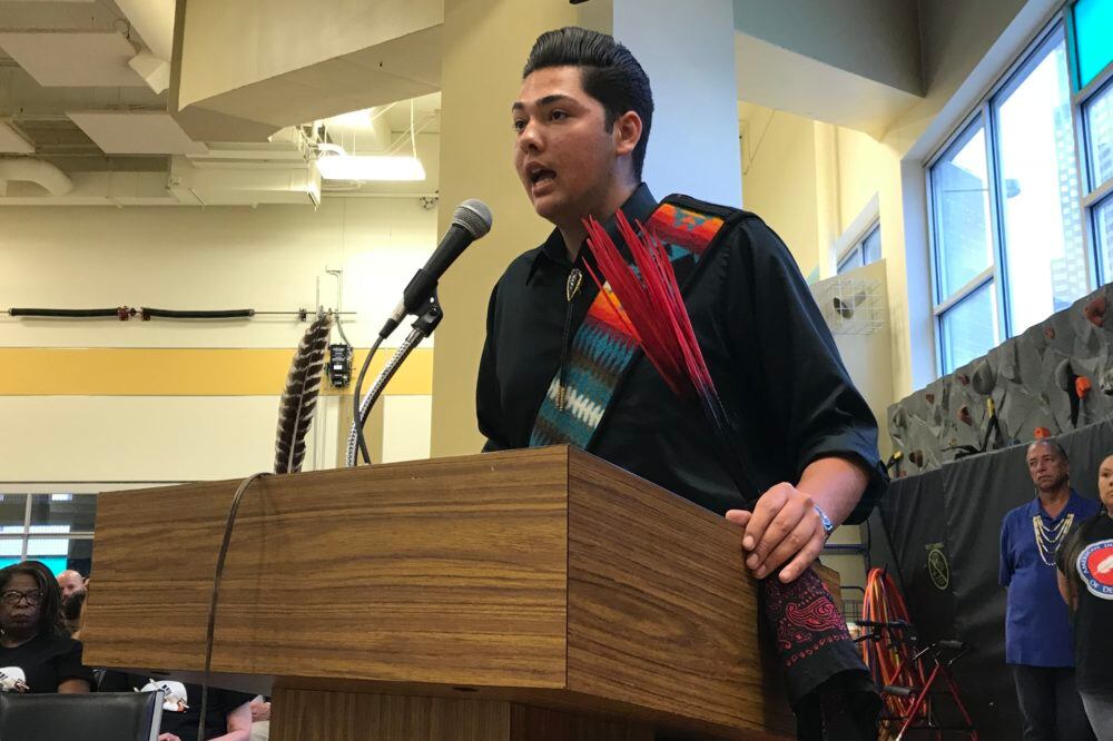 Student Antonio Garcia speaks in favor of the American Indian Academy of Denver at a school board meeting in May 2018.