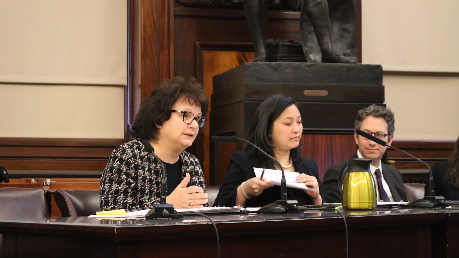 Corinne Rello-Anselmi (left) and Linda Chen (center) testify at a City Council hearing on special education.