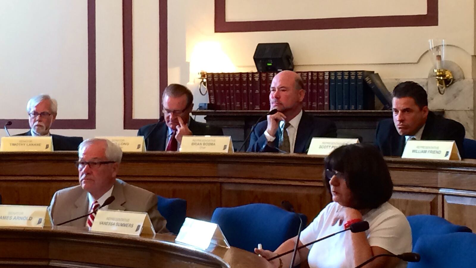 Indiana Sen. Minority Leader Tim Lanane, Senate President David Long, House Speaker Brian Bosma and House Minority Leader Scott Pelath (left to right, back row)  at a special legislative corrections session last year.