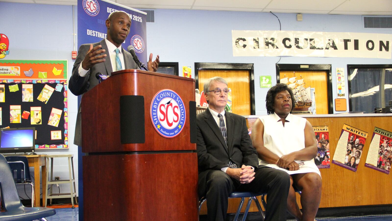 Shelby County Schools superintendent Dorsey Hopson in 2015 discusses the district’s school funding lawsuit against the state of Tennessee as former board members Chris Caldwell and Teresa Jones offer their support.