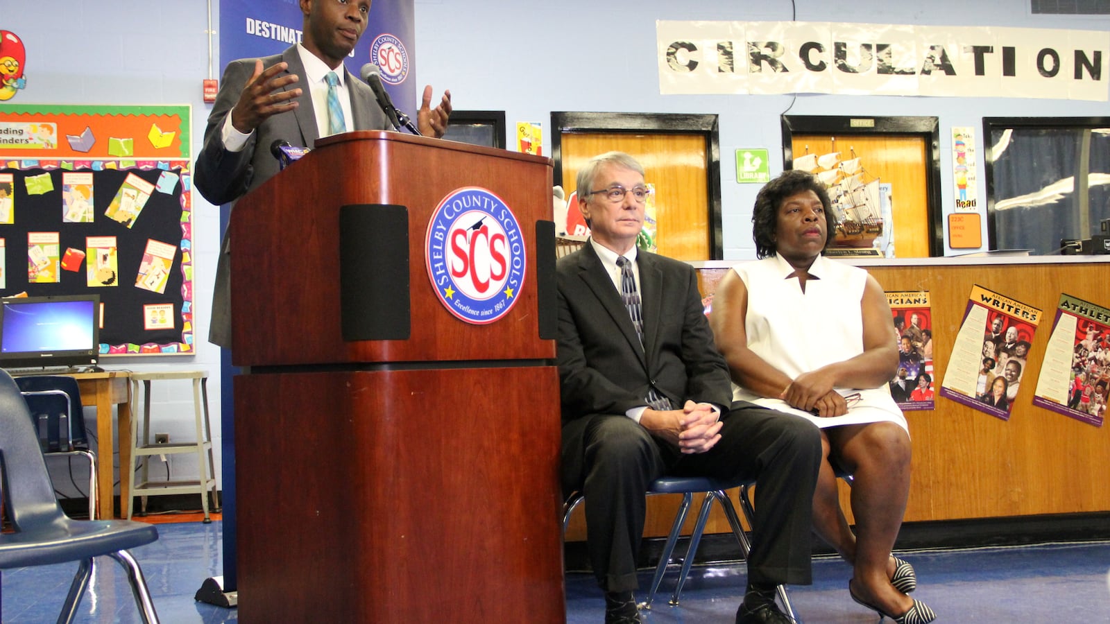 Shelby County Schools superintendent Dorsey Hopson in 2015 discusses the district’s school funding lawsuit against the state of Tennessee as former board members Chris Caldwell and Teresa Jones offer their support.