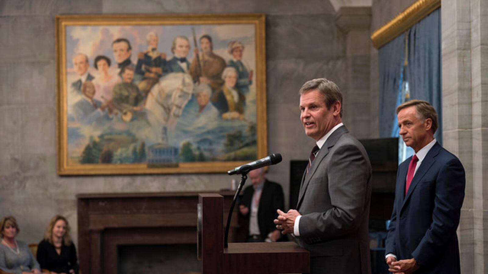 As outgoing Gov. Bill Haslam looks on, Gov.-elect Bill Lee speaks at the state Capitol the day after being elected the 50th governor of Tennessee.