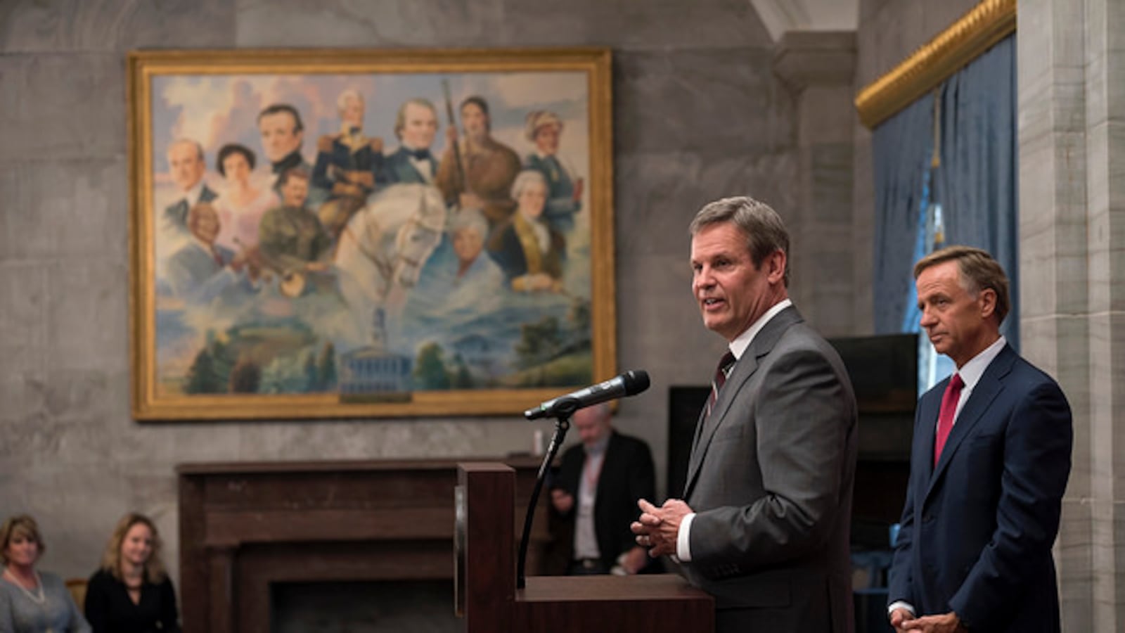 As outgoing Gov. Bill Haslam looks on, Gov.-elect Bill Lee speaks at the state Capitol the day after being elected the 50th governor of Tennessee.