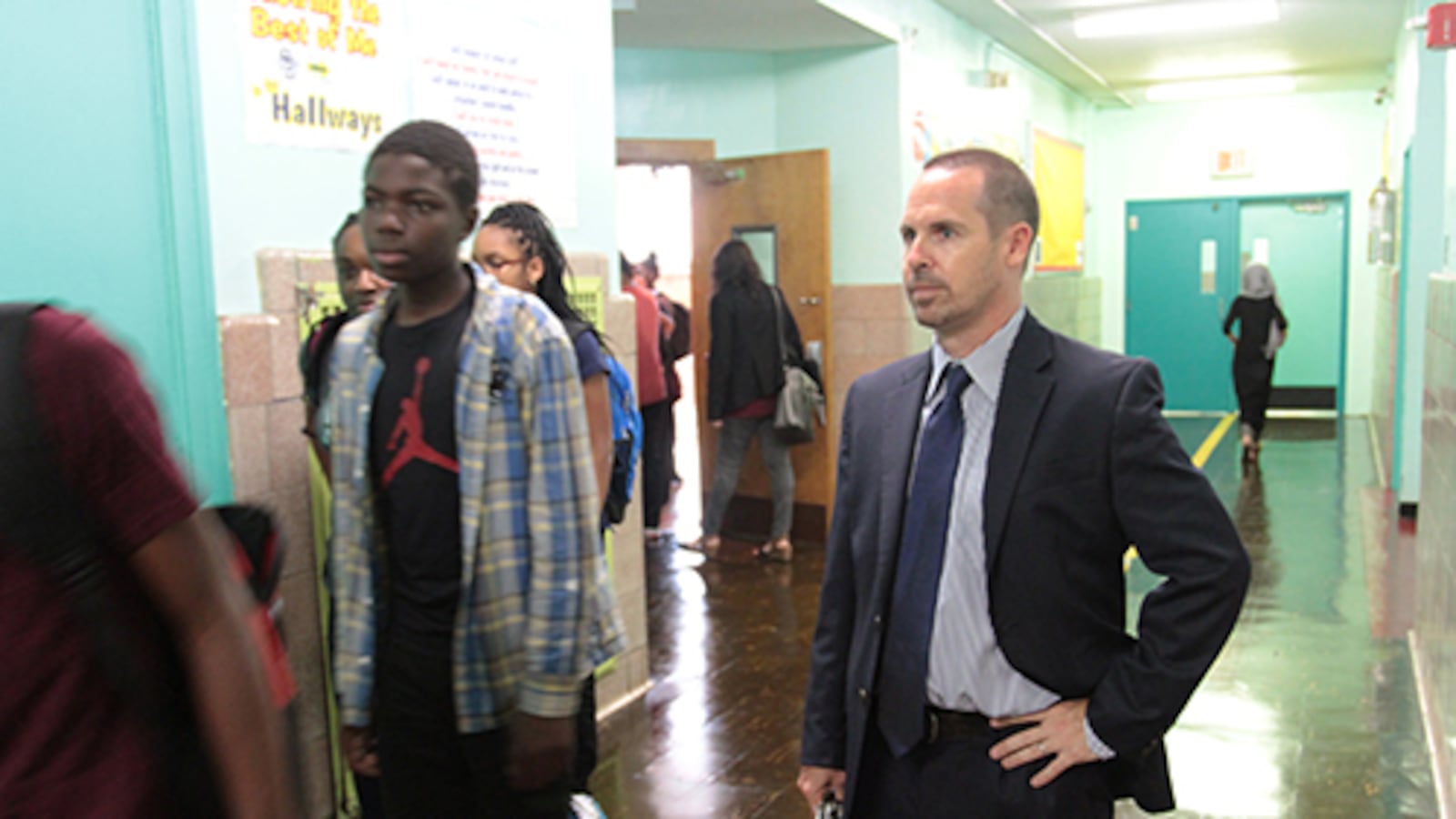Sean Licata, who is starting his fourth year as principal of the School of Diplomacy in the Bronx, watched over his students on the first day of school.