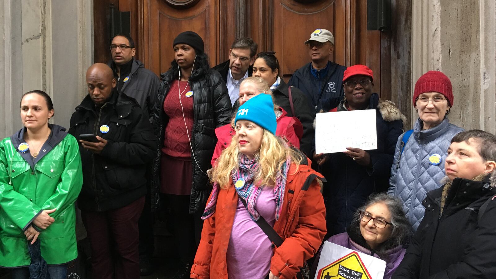 Parents and ddvocates rallied on the steps of the New York City education department headquarters to call for a say in the search for a new schools chancellor.